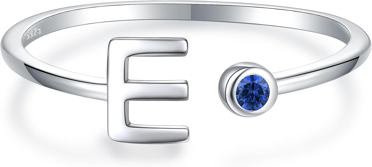 925 Sterling Silver Initial Letter Birthstone Rings for Women Adjustable 1-12 Month Birthstone Alphabet Stacking Ring for Teens Girls Stackable Birthstone Rings Birthday Jewelry Gift for Daughter Mom