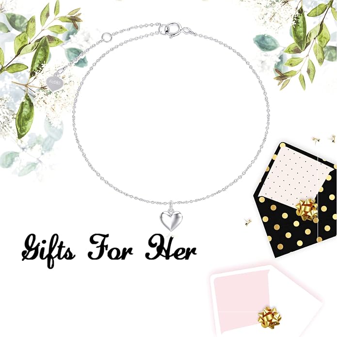 SISGEM Real 14k Gold Puff Heart Anklet for Women, Love Ankle Bracelet Foot Jewelry Gifts for Her, 9+1+1 Inch