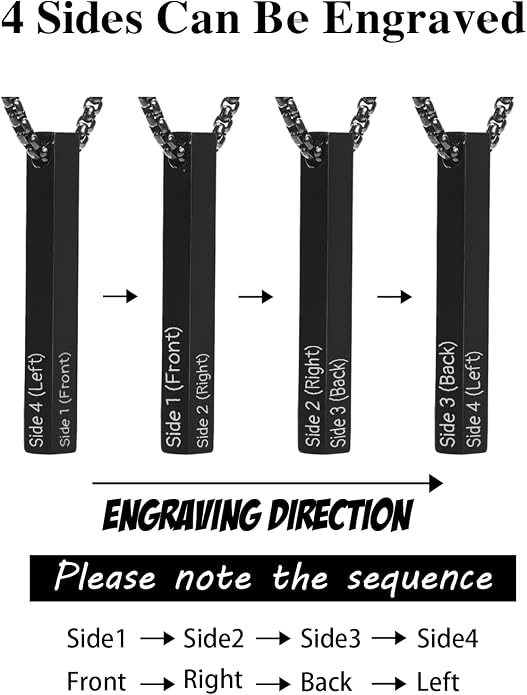 Fathers Day Custom Gifts Personalized 3D Bar Vertical Pendant Necklace - Custom 4 Sided Text Necklace Engraved Cuboid Stick Necklace