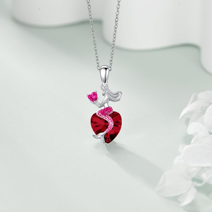 Mermaid Birthstone Necklace for Women 925 Sterling Silver Jewelry Austrian Crystal Pendant Christmas Gifts for Her