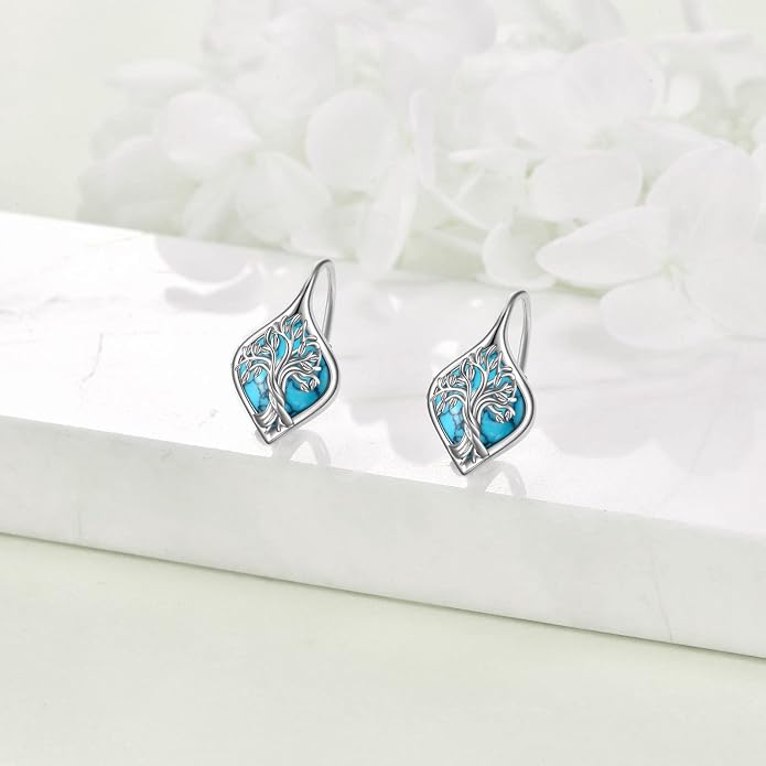 WINNICACA Leverback Earrings for Women 925 Sterling Silver Tree of Life Earrings Dangle Drop Turquoise Moonstone Moss Agate Heart Jewelry Gifts for Women Her Wife Anniversary Birthday Gifts