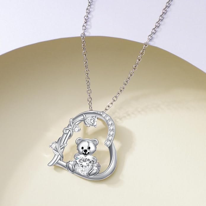 PELOVNY Teddy Bear Necklace for Women 925 Sterling Silver Bear/Highland Cow/Fox/Cat/Axolotl Birthstone Necklace Christmas Birthday Jewelry Gifts for Mom Daughter Wife Sister