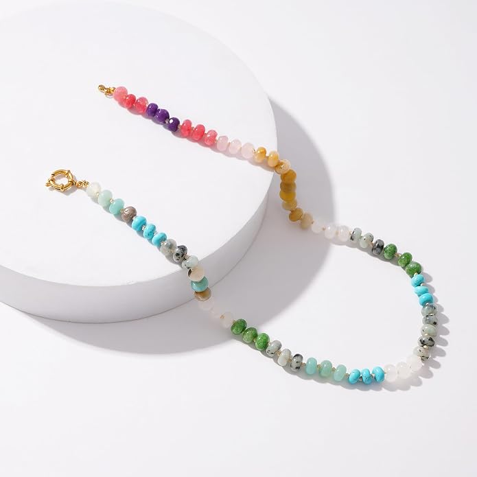 LALAPPLE Colorful Beaded Gemstone Necklace for Women, Boho Rainbow Bead Choker with Natural Stone Crystal Beads, Handmade Summer Beach Necklace Jewelry