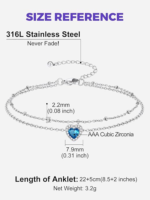Richsteel Double Layer Heart/Butterfly Birthstone Anklet for Women Non Tarnish Waterproof, Silver/Gold/Black Stainless Steel 8.5-10.5 Inch Adjustable Chain Anklets Jewelry Gifts for Her