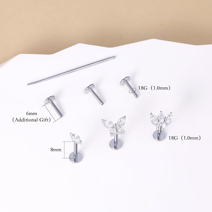 limerencia Titanium Internally Threaded Flat Back Earrings, 3 Pcs Implant Grade Hypoallergenic Studs, 18G Tragus Helix Conch Cartilage Piercing Jewelry for Sensitive Ears Women Men, Gold/Silver