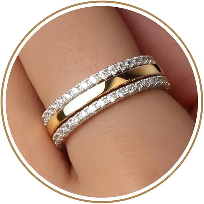 Purplepig Stackable Rings for Women Non Tarnish, Two Tone Mixed Metal Dainty Eternity Band Set, 14K Gold & Sterling Silver Plated Cubic Zirconia Hypoallergenic Wedding Thumb Pinky Rings Size 4-11