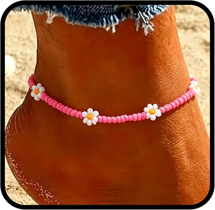 Ursumy Boho Ankle Bracelets for Women Summer Beaded Anklets Chain Beachy Flower Foot Jewelry