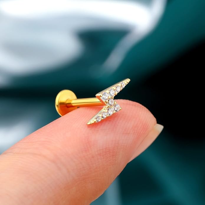 COCHARM 14K Gold Lightning Threadless Helix Cartilage Earrings Stud for Women 16g Push in Cartilage Tragus Piercing 14Kt Gold Flat Back Conch Earrings Fowward Helix Stud
