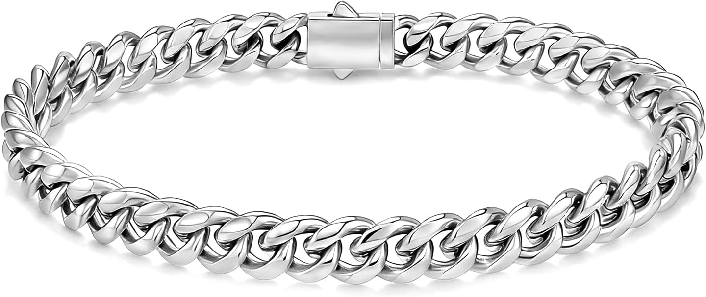 Saintda 8mm Miami Cuban Link Bracelet for Men - 18K Real Gold Plated 316L Stainless Steel Chain - Non-Tarnish Hypoallergenic Curb Link Bracelet Jewelry Gift for Him, 7/8/9 Inch