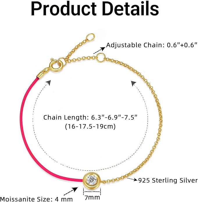 MISS mimi 18K Gold Plated Moissanite Bracelet for Women, 925 Sterling Silver Bezel Set Dainty Cord Jewelry, Adjustable Layering Friendship Gift