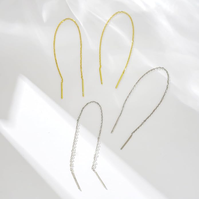 2 Pairs S925 Sterling Silver Chain Threader Earrings For Women Bar Wrap Threader Dangle Drop Earrings Lightweight Minimalist Hypoallergenic Earrings Anniversary Jewelry