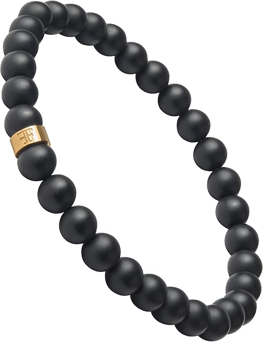 Forge & Foundry Men’s Matte Black Solid Onyx Beaded Bracelet | 10mm, 8mm, 6mm Bead Size Options | Signature Stainless Steel Engraved Bead | Andalus
