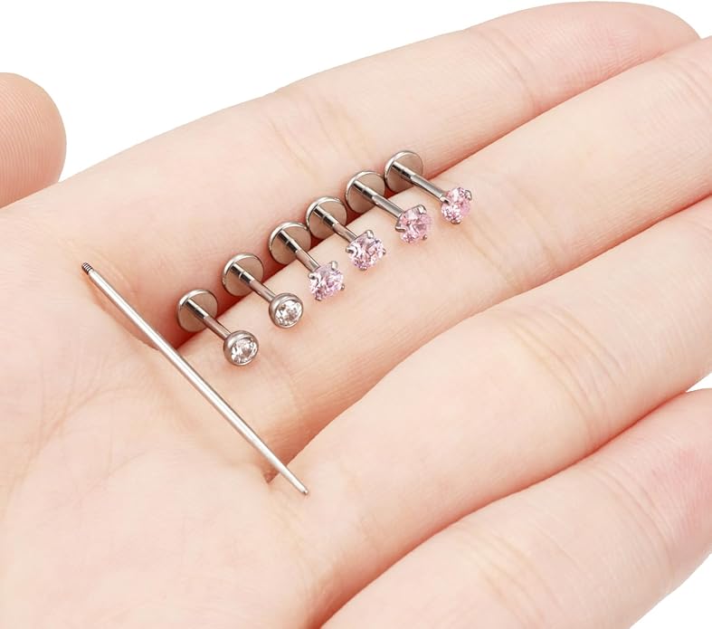 20G 18G 16G F316 Titanium Flat Back Nose Rings Studs Hypoallergenic Screw on Tragus Helix Cartilage Earrings Stud Piercing Jewerly for Women Men Bars 6mm