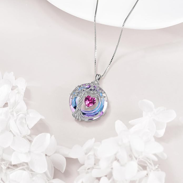 POPLYKE Mothers Day Gifts for Mom Her Wife Tree of Life Necklace 925 Sterling Silver Birthstone Pendant with Crystal Anniversary Birthday Wedding Jewelry for Women