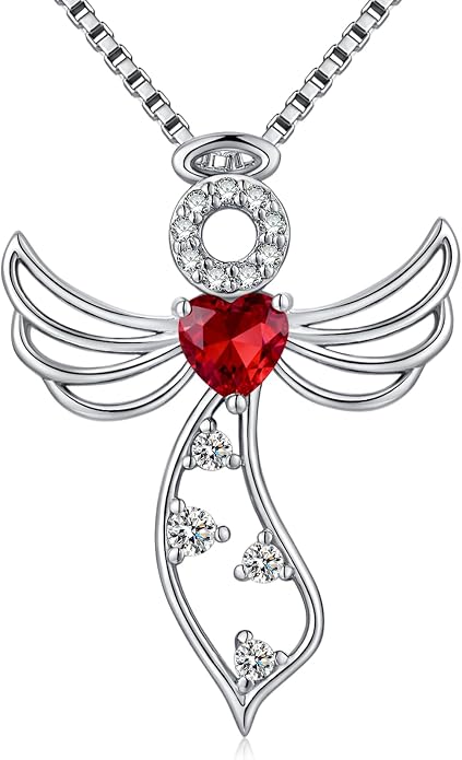 925 Sterling Silver Guardian Angel Pendant Necklace for Women - Birthstone Cubic Zirconia, 18" Chain, Gift for Her