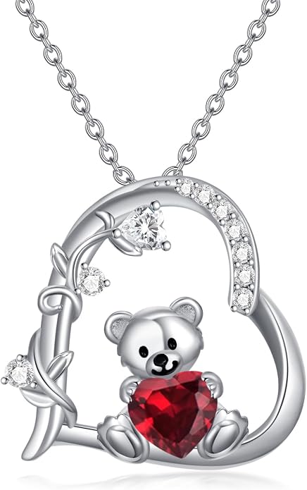PELOVNY Teddy Bear Necklace for Women 925 Sterling Silver Bear/Highland Cow/Fox/Cat/Axolotl Birthstone Necklace Christmas Birthday Jewelry Gifts for Mom Daughter Wife Sister