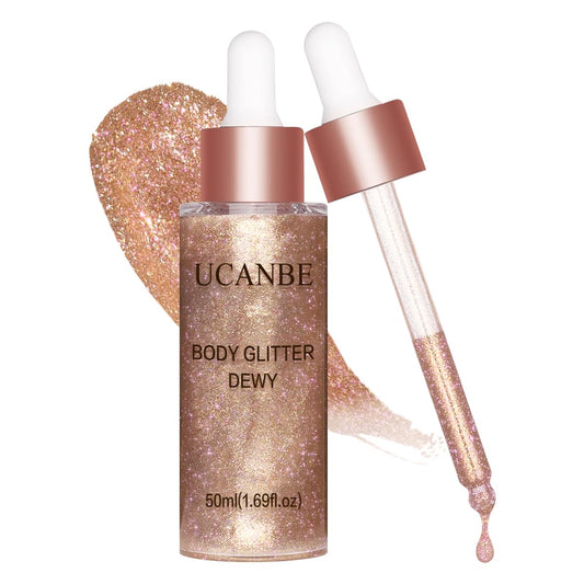 UCANBE Hydrating Body Glitter Dewy Highlighter Makeup Luminizer Drops Body Shimmer Liquid Face Glow Sparkles for Women Gifts (Rose Gold - 03)