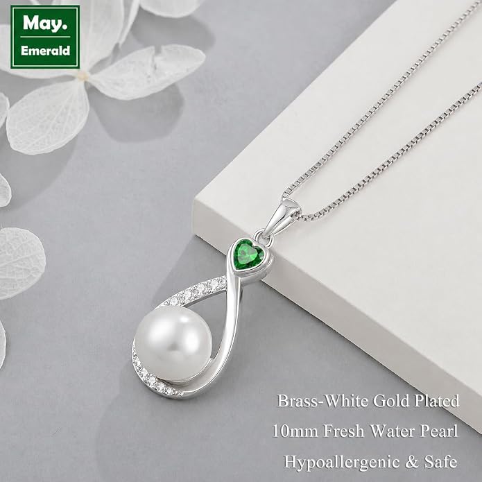 Heart Birthstone Pearl Pendant Necklace, 925 Sterling Silver Infinity Necklace with 10mm Freshwater Cultured Pearl & 4mm Gemstone Jewelry for Women