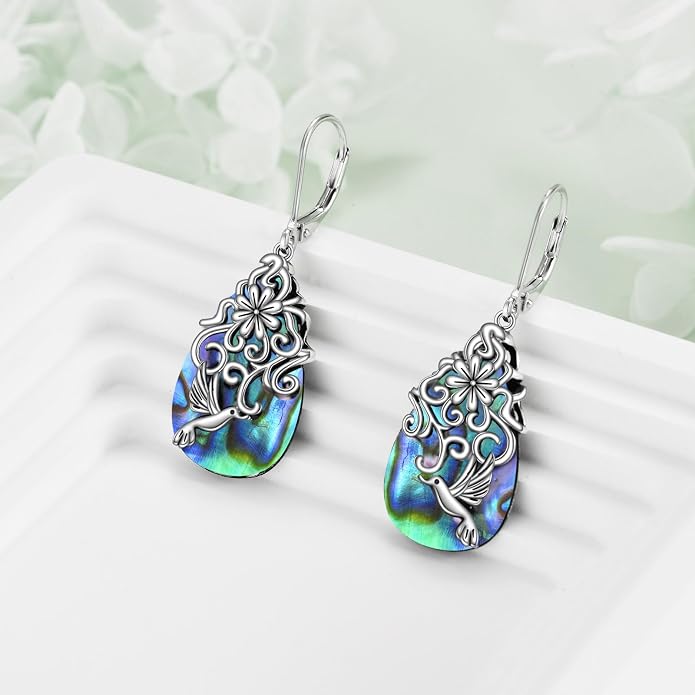 POPLYKE Dragonfly Butterfly Hummingbird Sunflower Earrings 925 Sterling Silver Abalone Shell Moonstone Leverback Earrings Jewelry
