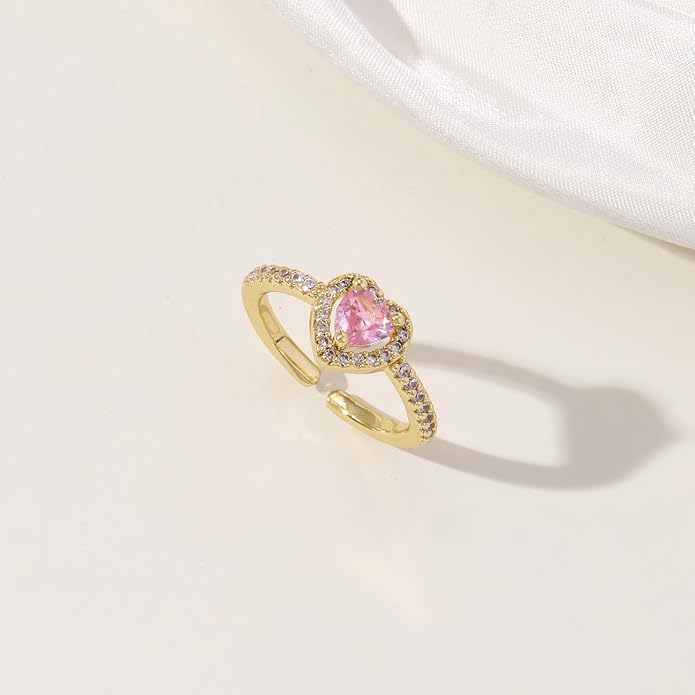 Gold Birthstone Rings for Women Non Tarnish 14k Gold Plated Dainty Heart Rings Adjustable Size Cubic Zirconia Ring Gold Simulated Gemstone Rings Birthday Gifts for Women