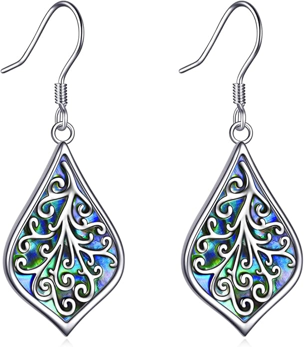 CRMAD Hummingbird/Bee/Leaves/Sunflower/Daisy/Dragonfly/Rose/Lotus Flower Sterling Silver Filigree Teardrop Earrings Abalone Shell Jewelry for Women