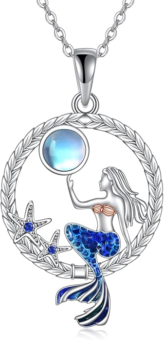 LUHE Mermaid Necklace Jewelry Gifts Sterling Silver Sea Mermaid Crescent Moon and Star Necklace with Flower Pendant Birthday Gifts for Daughter Women