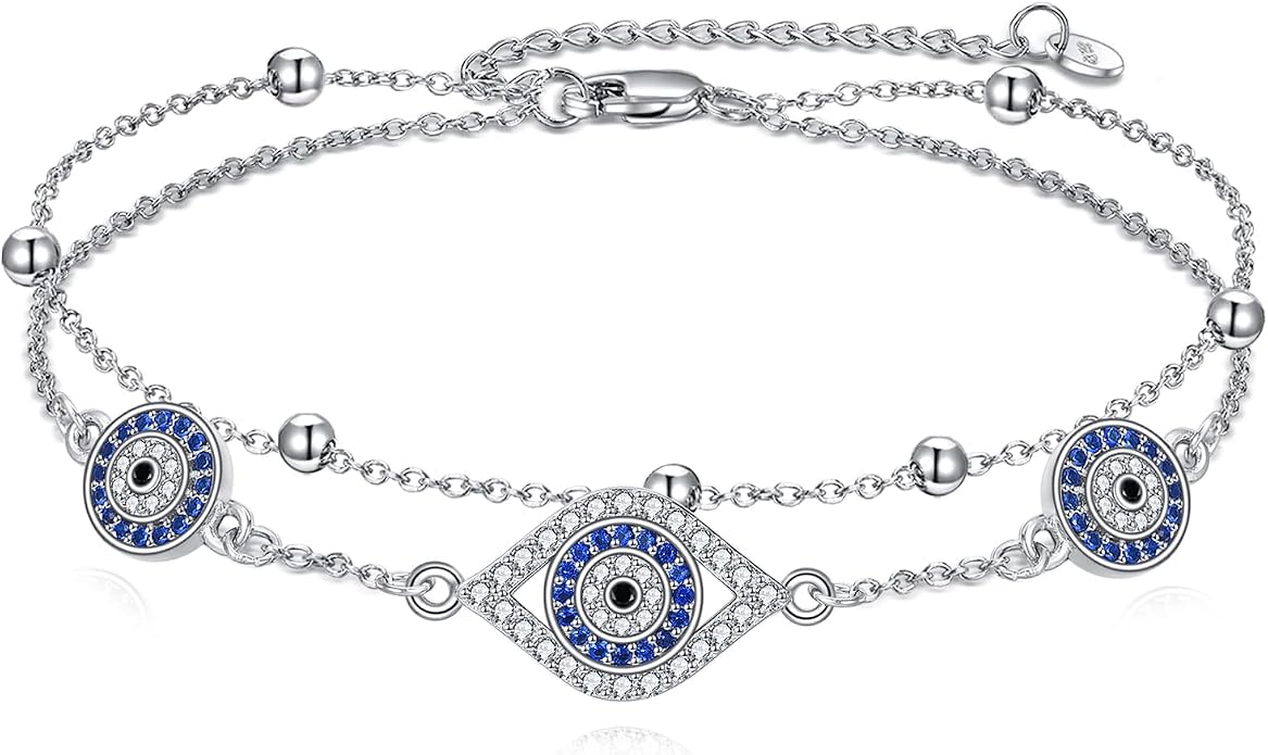 S925 Sterling Silver Evil Eye Anklet for Women, Protection Charm Ankle Bracelet, Adjustable Chain Anklet, Gift for Her