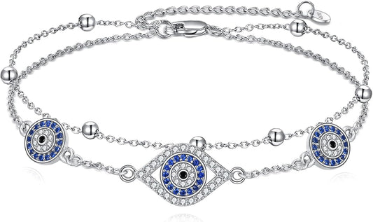 S925 Sterling Silver Evil Eye Anklet for Women, Protection Charm Ankle Bracelet, Adjustable Chain Anklet, Gift for Her