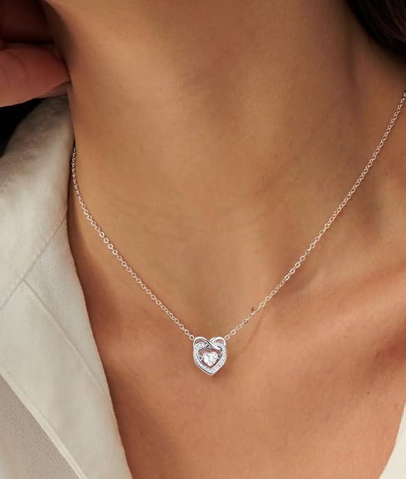 Trendy Dainty Infinity Birthstone Necklace, Dancing Heart 18K White Gold Plated 925 Sterling Silver Heart Necklace, Romantic Love Jewelry Graduation Gifts for Women Her