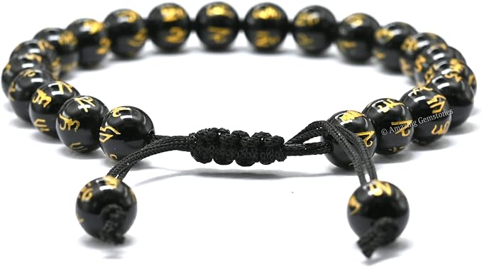 Amazing Gemstone Om Mani Black Agate Bracelet for Women Men's Gifts - Protection Healing Crystal Bracelet - 8mm Gemstones Beaded Adjustable Bracelet Pulseras para Hombres Mujer Stocking Stuffers