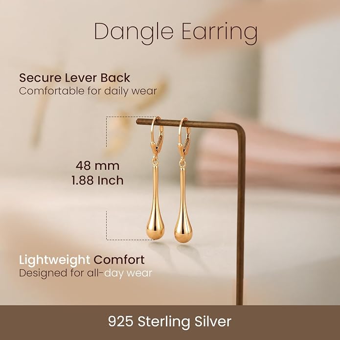 LeCalla 925 Sterling Silver Teardrop Dangle Earrings for Women | Lightweight Vertical Drop Dangle Earrings | Minimalist Dangling Earring Jewelry Gifts for Women