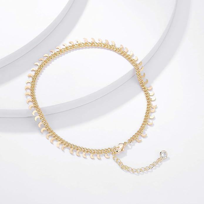 LOYATA Dainty Ankle Bracelet,14K Gold Plated Tiny Bead Anklet Dainty White Cubic Zirconia Cross Tassel Foot Chain Cute Lucky Moon Evil Eye Foot Jewelry Boho Anklets for Women