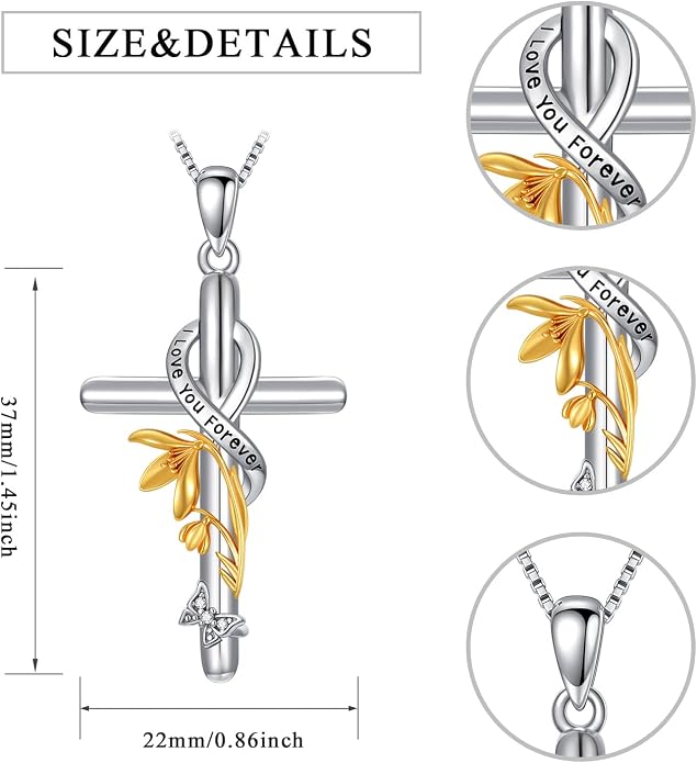 Cross Necklace for Women 925 Sterling Silver I Love You Necklace Religious Jewelry with Gift Box for Mother Daughter