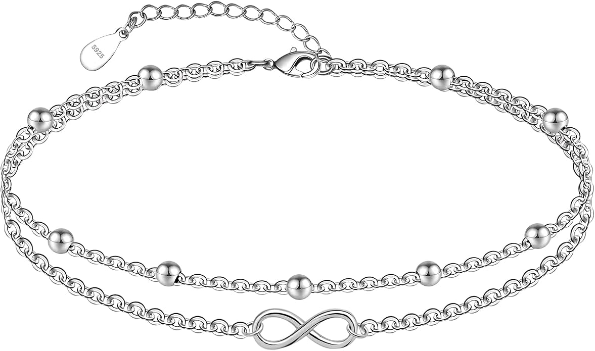 CHIC & ARTSY 925 Sterling Silver Ankle Bracelets for Women, Adjustable Layered Foot Chains with Nature & Symbol Charms, Lightweight Comfort Fit Boho Beach Everyday Jewelry