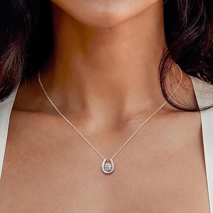 925 Sterling Silver Horseshoe Necklace for Women Round Gemstone Birthstone Necklace Sapphire/Emerald/Ruby/CZ Horse Shoe Pendant Necklaces Jewelry Gift