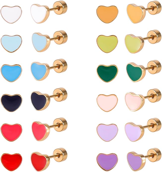 JMLOON 12 Pairs Enamel Flat Back Stud Earrings Surgical Stainless Steel Round Heart Star Square Hexagon Screw Back Stud Earrings