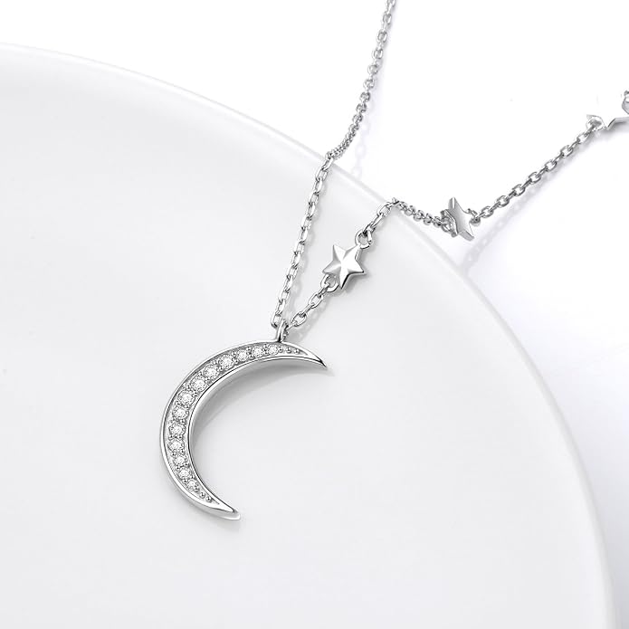 Ladytree 925 Sterling Silver Jewelry Crescent Moon and Star Pendant Necklace