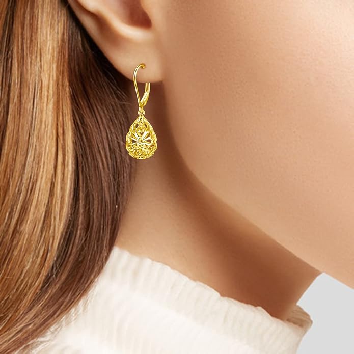 925 Sterling Silver Filigree Dangle Drop Earrings Daisy/Lotus/Rose Flower/Moonstone Leverback Teardrop Earrings for Women Infinity Celtic Knot Daisy Lotus Jewelry for Mothers Day