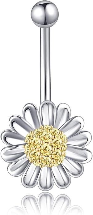 Sunflower Daisy Belly Button Ring Dangle Hoop 925 Sterling Silver Hypoallergenic Belly Button Piercing Body Navel Rings Sexy Belly Button Jewelry Gifts for Women (14G)
