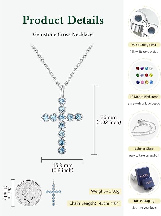 Sterling Silver Cross Necklace for Women Birthstone Religious Jewelry