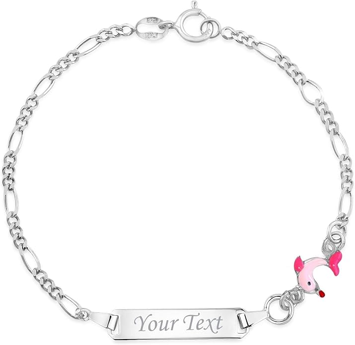 UNICORNJ 925 Italy Sterling Silver Child or Baby Name Bracelet Girls Boys, Personalized Engraved Kids ID Bracelets, 6.5" Figaro Chain, Enamel Charm Newborn Infant Toddler Kid Jewelry