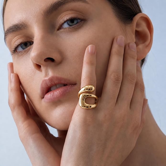Gelbesty Waterproof Gold Statement Rings for Women, 14K Gold Plated Chunky Open Stackable Rings Non Tarnish Fashion Adjustable Stainless Steel Pinky Knuckle Signet Vintage Ring Jewelry Size 5-11