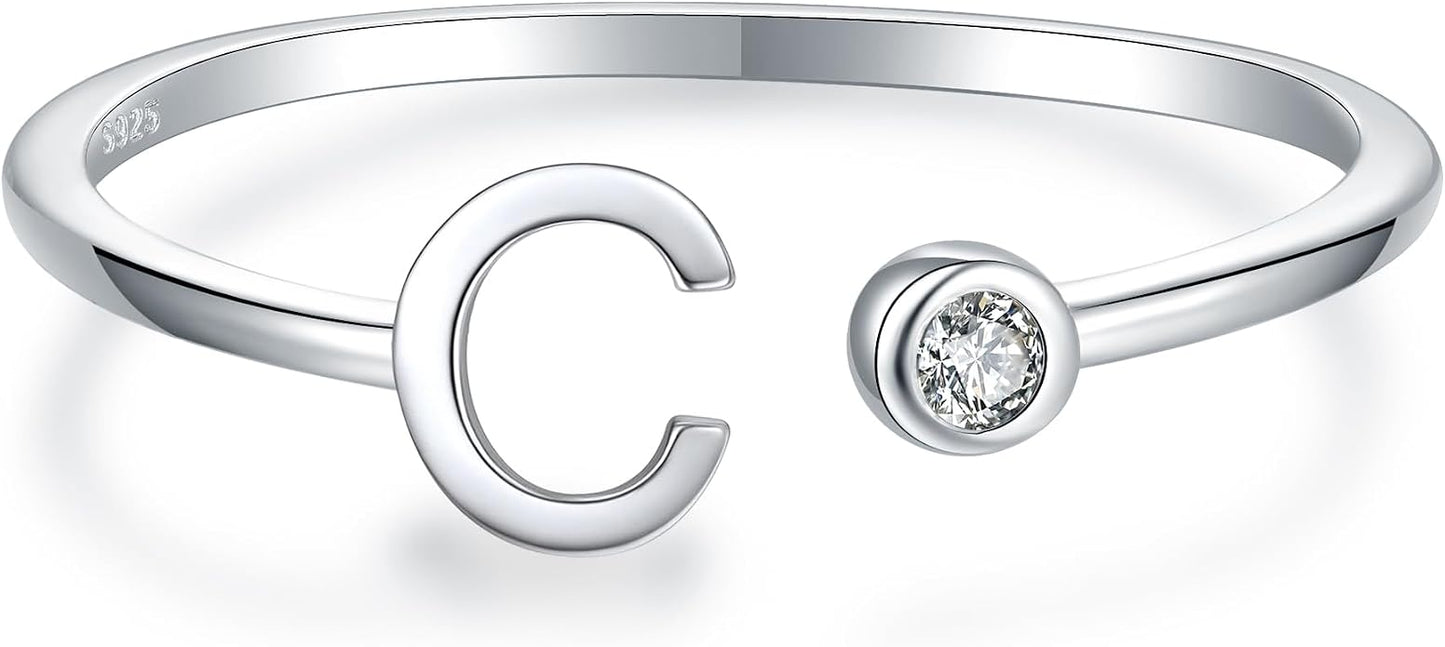 925 Sterling Silver Initial Letter Birthstone Rings for Women Adjustable 1-12 Month Birthstone Alphabet Stacking Ring for Teens Girls Stackable Birthstone Rings Birthday Jewelry Gift for Daughter Mom