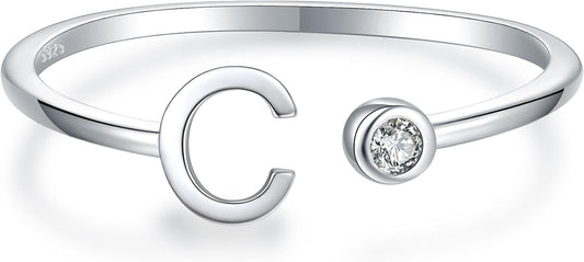 925 Sterling Silver Initial Letter Birthstone Rings for Women Adjustable 1-12 Month Birthstone Alphabet Stacking Ring for Teens Girls Stackable Birthstone Rings Birthday Jewelry Gift for Daughter Mom