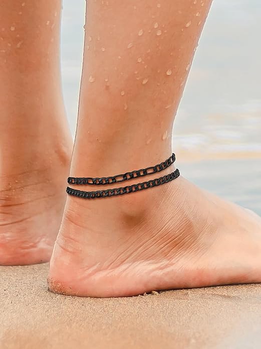 U7 2Pcs/3Pcs Ankle Bracelets for Women, Stainless Steel Cuban Link/Figaro/Rope/Heart Chain Anklets Sets,Waterproof Layered Anklets Adjustable 8.5"-10.5"