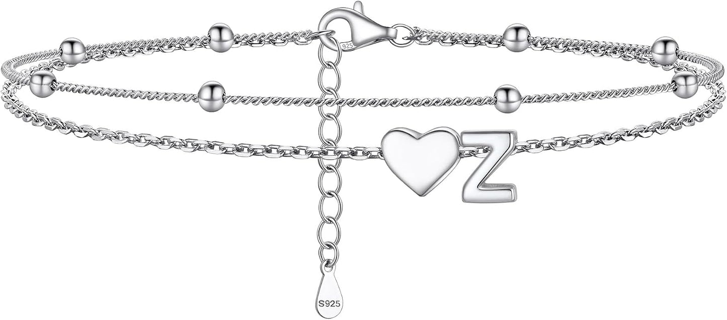 PROSILVER Ankle Bracelets for Women S925 Sterling Silver Anklets for Women Waterproof, Dainty Layered Heart Anklet, Beach Initial Anklet for Summer, Letter A-Z