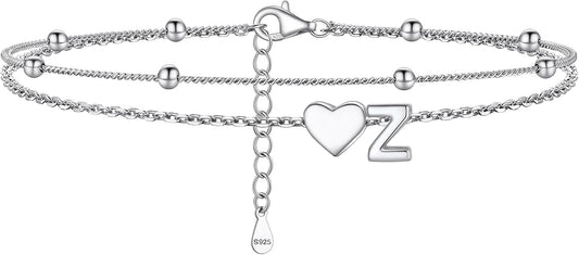 PROSILVER Ankle Bracelets for Women S925 Sterling Silver Anklets for Women Waterproof, Dainty Layered Heart Anklet, Beach Initial Anklet for Summer, Letter A-Z