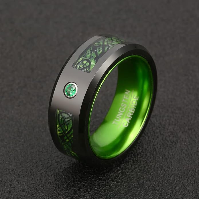 TUNGSTORY 8mm Black Celtic Dragon Tungsten Carbide Wedding Ring with Green Carbon Fiber and CZ Inlay Polished Finish Beveled Edge Size 6-16