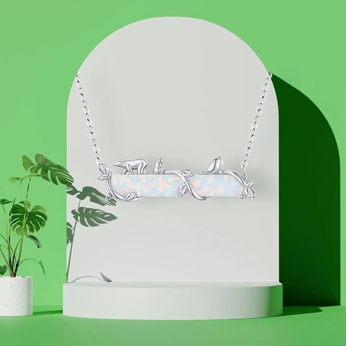 Bar Opal Leaf Necklace For Women S925 Sterling Silver White Opal Pendant with Leaf Charm Bar Pendant Jewelry Gift For Mom Daughter Wife
