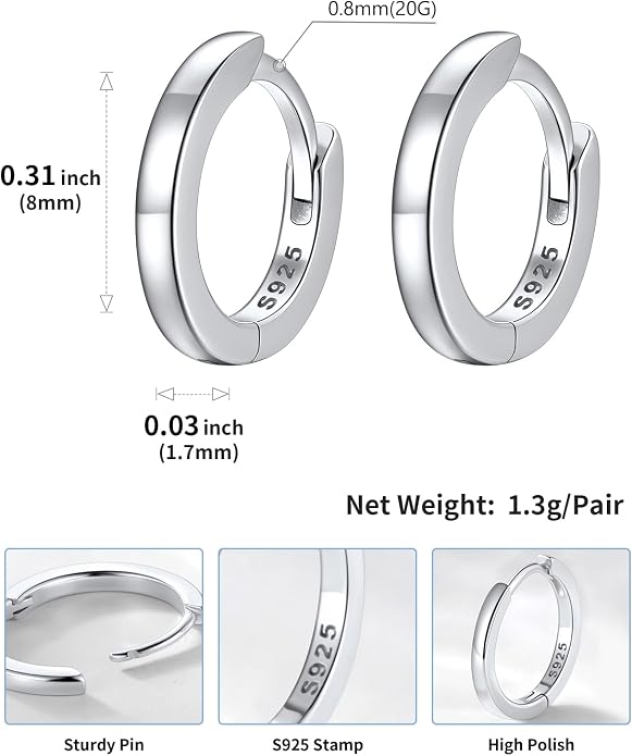 SILVERCUTE 925 Sterling Silver Huggie Hoop Earrings for Women,Hypoallergenic Small Hoop Earrings Lightweight Silver/14K Gold Hoops Cartilage Earrings for Women,8/10/12mm